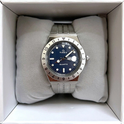 Timex Q Reissue 36mm Stainless Watch Silver Band Blue Face Round Women's