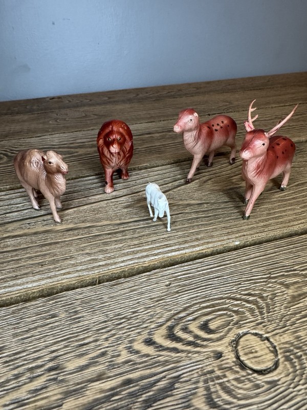 Vintage 1960s-70s Hong Kong Plastic Animal Figurines Lot 5 Zoo Farm Lion Deer