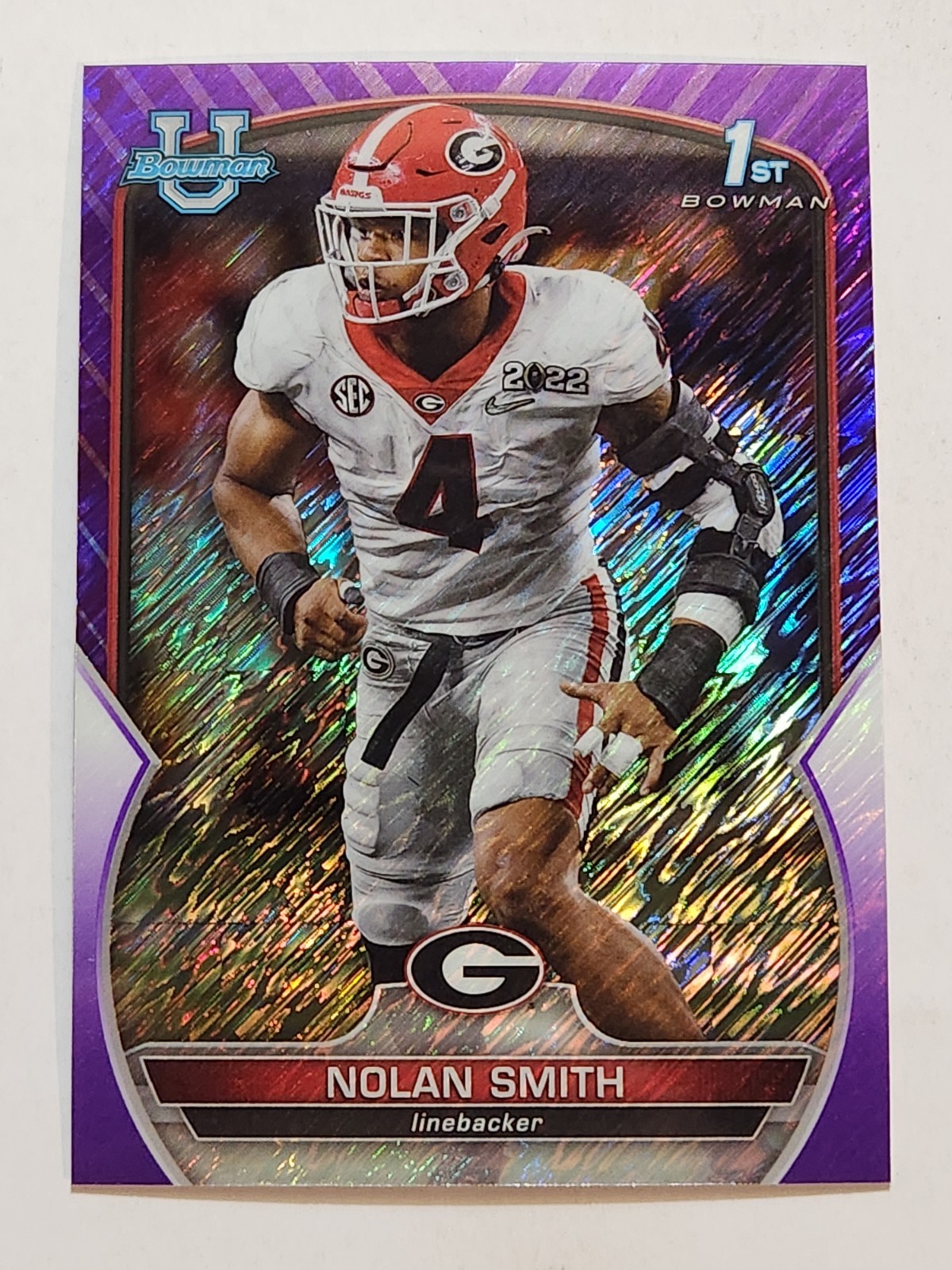 2022 Bowman University Chrome Football #33 Nolan Smith Purple Shimmer Refractor