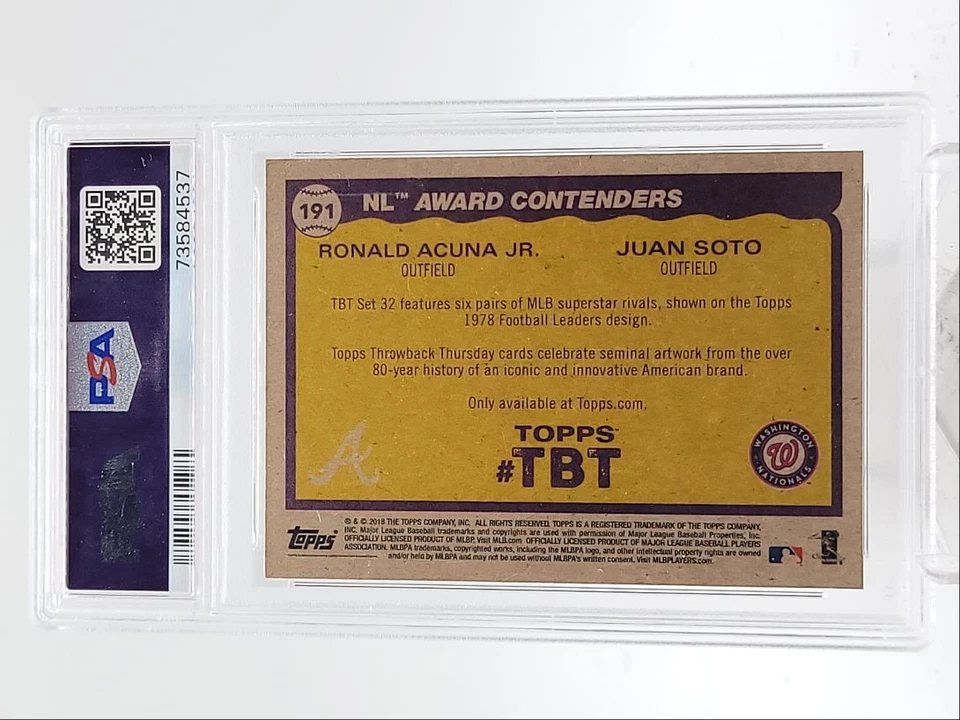 RONALD ACUNA JR. JUAN SOTO 2018-19 TOPPS THROWBACK THURSDAY ROOKIE PSA 10 Q3963 - Image 2 of 2