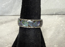 Vintage Silver Tone Abalone Mother of Pearl Inlay Band Ring Size 6