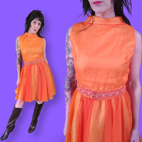 60s Vintage Orange Cocktail Dress Sheer Minidress Medium Rhinestone Belt Detail - Picture 6 of 7