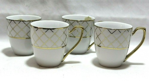 Ciroa Luxe Lattis Gold Metallic Accent Porcelain Coffee Mugs Set Of Four New