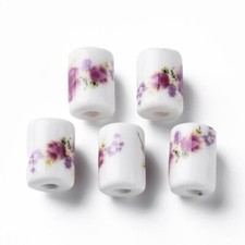 10 Porcelain Flower Beads 13mm White Purple Ceramic Jewelry Making Findings