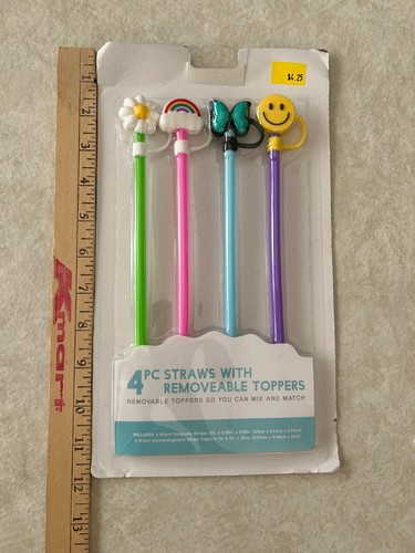4-Count Reusable Straws With Removable Toppers - Happy Theme - NEW - Picture 2 of 6