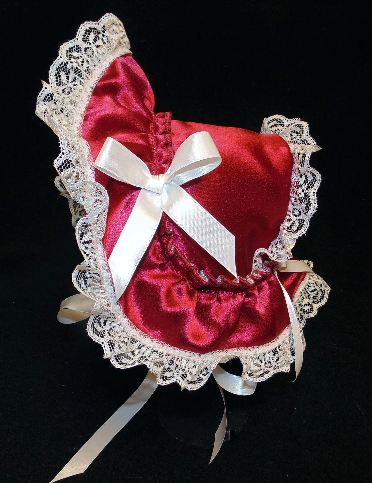 Dark Red Wine Satin with Extended Back Victorian Style Baby Christmas Bonnet
Opens in a new window o