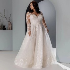 Customized Plus Size Wedding Dress Illusion LongSleeves Scoop Neck Glitter Tulle