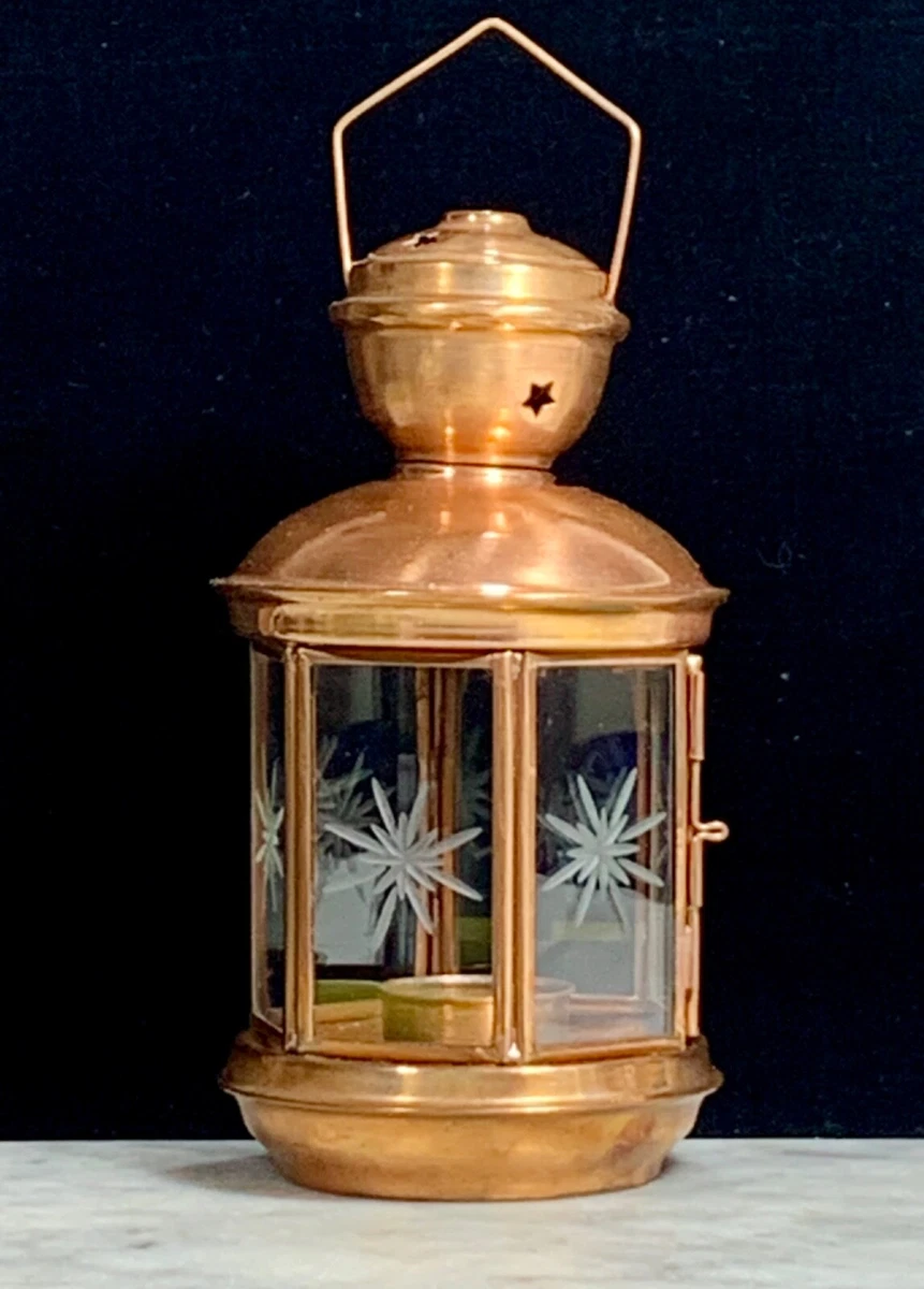 Vintage Copper Hurricane Lamp Tealight Lantern Hanging w Star