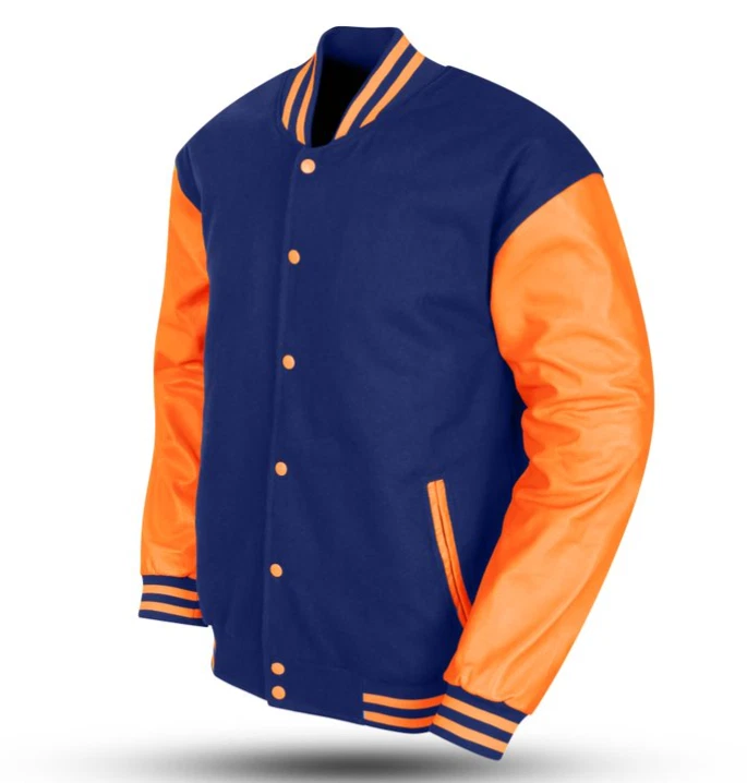 Varsity Jacket With Royal Blue Wool Body And Orange Leather Sleeves Jacket - product detail image 3