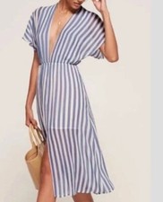 Reformation Positano Blue White Stripe Midi Dress Size M Sheer Lightweight