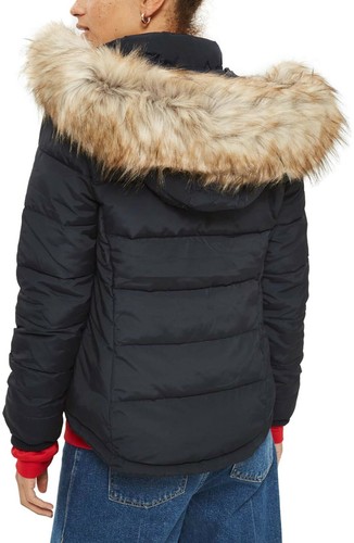 TOPSHOP Nancy Quilted Puffer Jacket with Faux Fur Coat NWT Size 6 Navy NEW - Picture 2 of 4