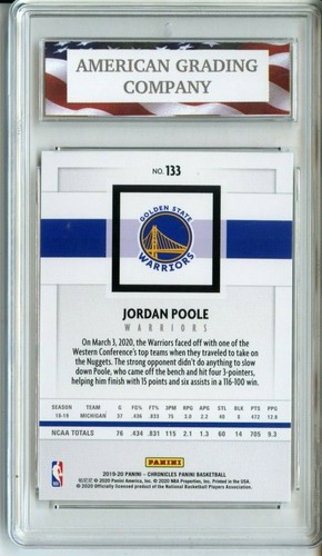 2019 Panini Chronicles #133 Jordan Poole Rookie Card AGC 10 Gem Mint - Picture 2 of 2
