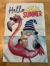 HELLO SUMMER GARDEN FLAG NYLON 12"X18" "GNOME ON FLAMINGO" BEACH HOUSE DECOR