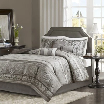 QUALITY NEW! ~ CHIC MODERN ELEGANT LIGHT GREY SILVER SOFT SCROLL COMFORTER SET & PILLOWS