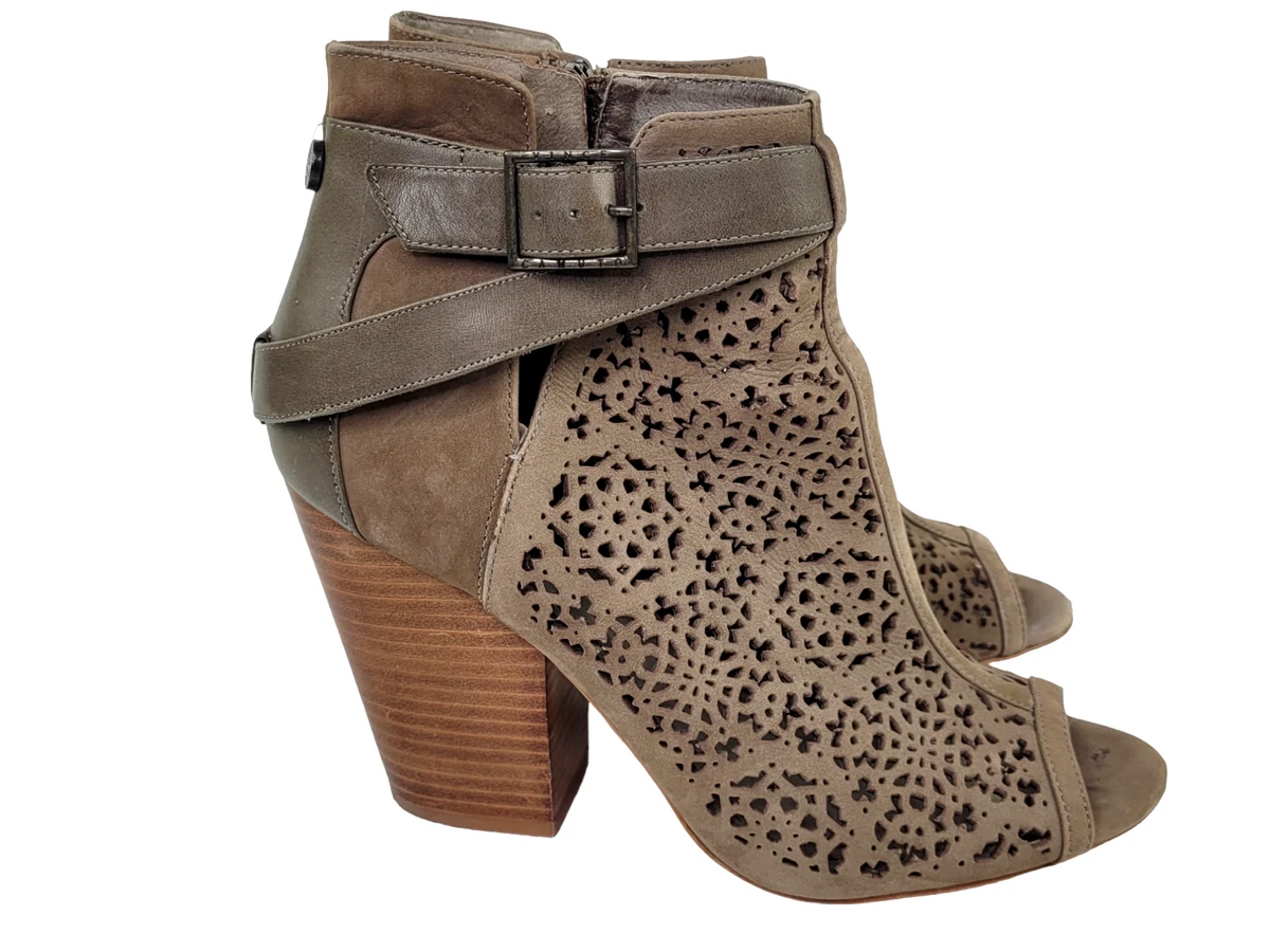 VINCE CAMUTO Maizy Open Toe Booties Laser Cut Outs Brown Leather 9 1 2