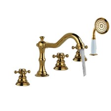 Gold Brass Bathroom Faucet Deck Mount Roman Tub Faucet Set 5 Hole W/Hand Shower