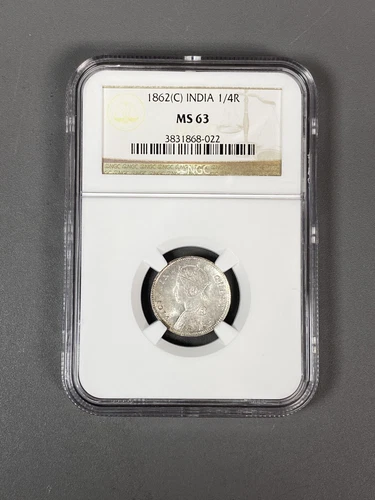 India (British) Victoria 1862-C 1/4 Silver Rupee AG398 Calcutta NGC MS63