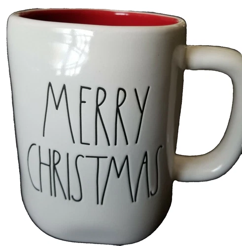 Rae Dunn MERRY CHRISTMAS Mug Cup White Ceramic Pottery 20 oz Red Inside Coffee