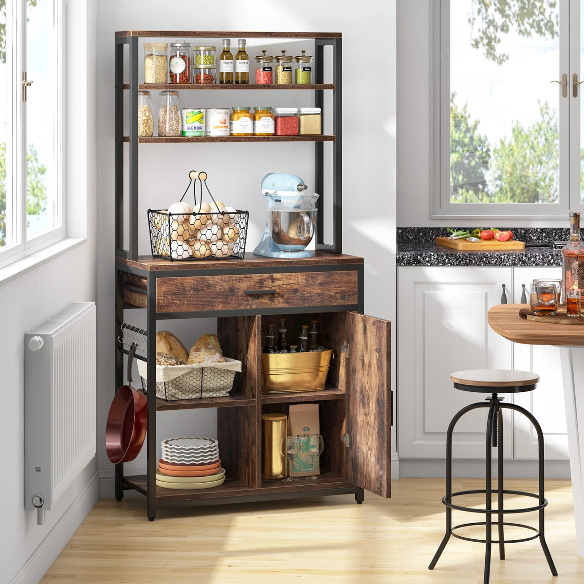 Tall Kitchen Bakers Rack with Drawer Door Microwave Oven Stand Storage Organizer