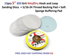 20pcs 5" 800 Grit Wet/Dry Hook  Loop Sanding disc 5/16-24 Backing Pad Soft pad