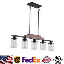 37" Chandelier 5 Lights Farmhouse Pendant Walnut Ceiling Kitchen Island Fixture