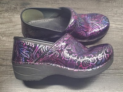 Dansko Clogs 36 (5.5-6 US) Iridescent Floral Paisley Patent Leather Purple Pink
