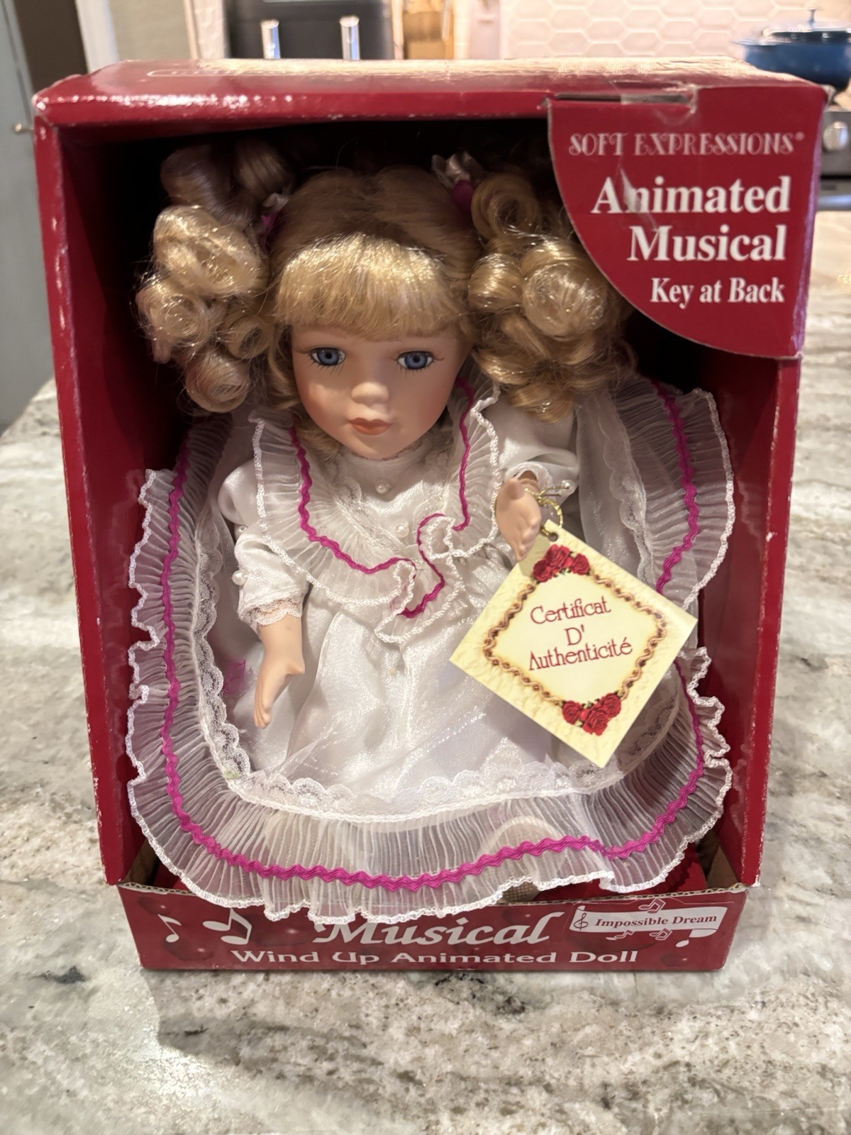 Soft Expressions Porcelain Doll Musical Wind Up Curly Blonde CertofAuth Works