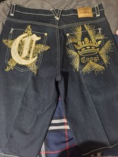 Coogi Dark Blue Denim Shorts Embroidered Crown Gold Accents Flat Front Pockets