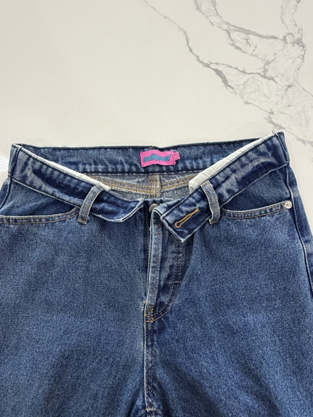 Edikted Raquel Folded Waist Ripped Wide Leg Jeans Blue Denim Distressed Size S image 2