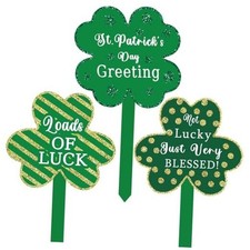 3 Pack 15x8.3 Inches St. Patrick's Day Shamrock Yard Signs with Stakes,