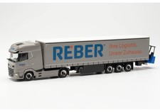 Herpa 1/87 DAF XG+ Gardinenplanen-Sattelzug, REBER Logistik mit Mitnahmestapler