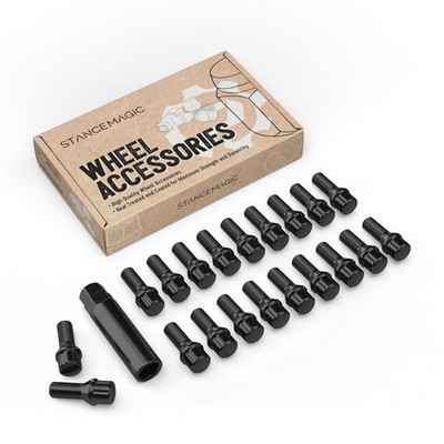 20pc Wheel Lock Kit Spline Lug Bolts for 12x1.5 BMW - 25mm Shank Cone Seat Black