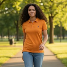 Polo Ralph Lauren Orange Skinny Fit Shirt Blue Pony Short Sleeve Pique Junior L