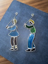 Vintage Stained Glass Golfers Man  Women Suncatcher Ornament Set Window Art