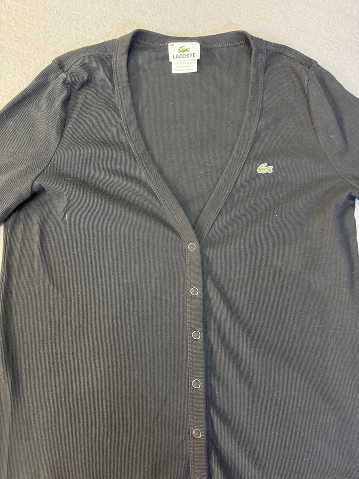 Lacoste Cardigan Sweater WomensSmall 46 Black V-Neck Button Front Made in France - Image 2 of 4