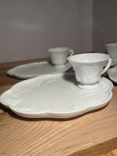 8 piece set Vintage Indiana Colony Harvest Grape Milk Glass Snack Plate Luncheon