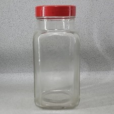 Vintage Old Sweet Shop Glass Storage Jar Bottle Red Lid made in England Retro