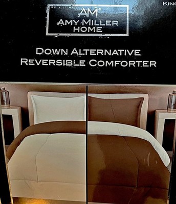 Down Alternative Comforter King White/Brown Reversible Amy Miller Home - 102 x86