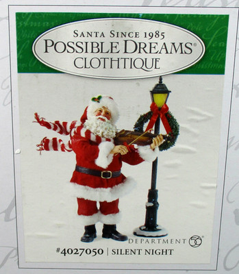 Possible Dreams MUSICAL Clothtique Santa Playing Violin SILENT NIGHT 4027050 Box