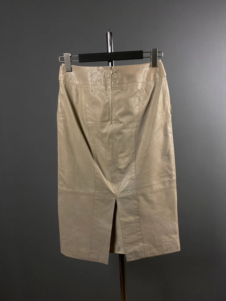 Rare Max Mara Womens Tan Leather A Line Belted Back Slit Skirt US 8 GB 10 IT 42 - Image 4 of 4
