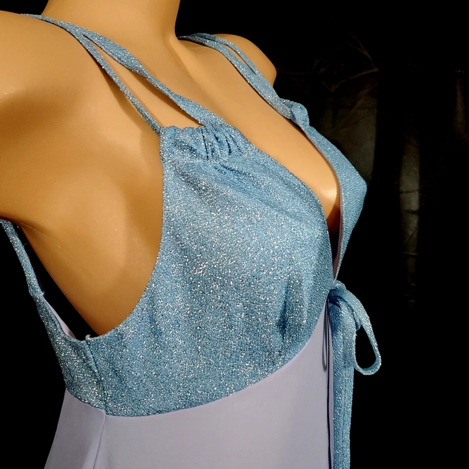 Vintage BEELINE Long Hostess Slip Dress SPARKLING BLUE MAXI Plunge Neck MEDIUM - Image 3 of 4