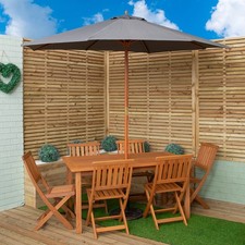 6 Person Wooden Garden Patio Dining Table Chairs with Grey Parasol and Base Set