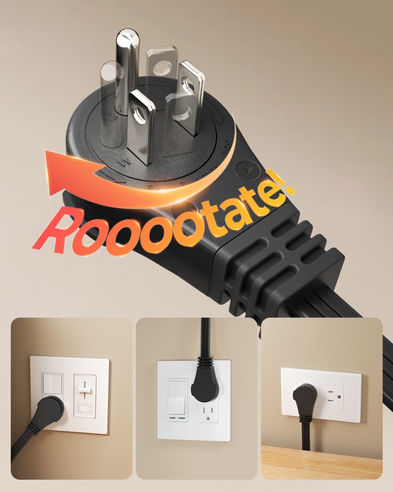 DEWENWILS 360 Degree Rotating Plug 3FT Extension Cord 3 Outlet Flat Wire