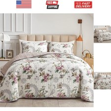 3 Pieces Quilt Set Full/Queen Size, Beige Floral Reversible Bedspread Coverle...