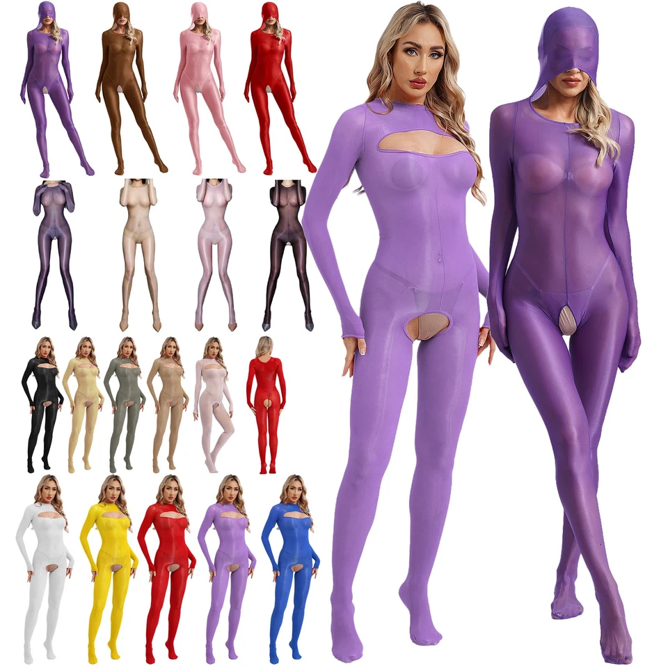 US~ Womens Oily Glossy Sheer Bodystocking Bodysuit Crotchless Catsuit Jumpsuit - Image 2 of 2