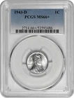 1943 D 1C Lincoln Steel Wheat Cent PCGS Graded MS 66+ in New Holder