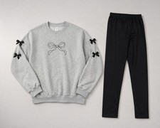 SHEIN Girls 10Y 2 Piece Outfit Set Gray Bow Sweatshirt Black Pants