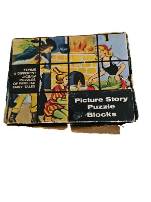 VTG 1963 Puzzle Blocks Set Fairy Tale Picture Cubes Original Box 6 Different Jig
