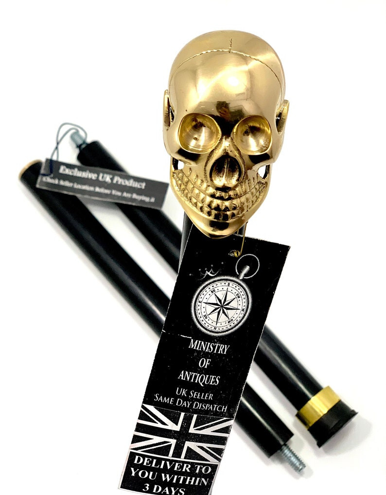 Antique Brass Solid Skull Design Head Handle Blac… - image 4