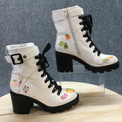 Mix Combat Boots Womens M Valera White Faux Leather Zipper Heeled 